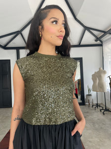 Catch Feelings Sequin Top ~ Olive