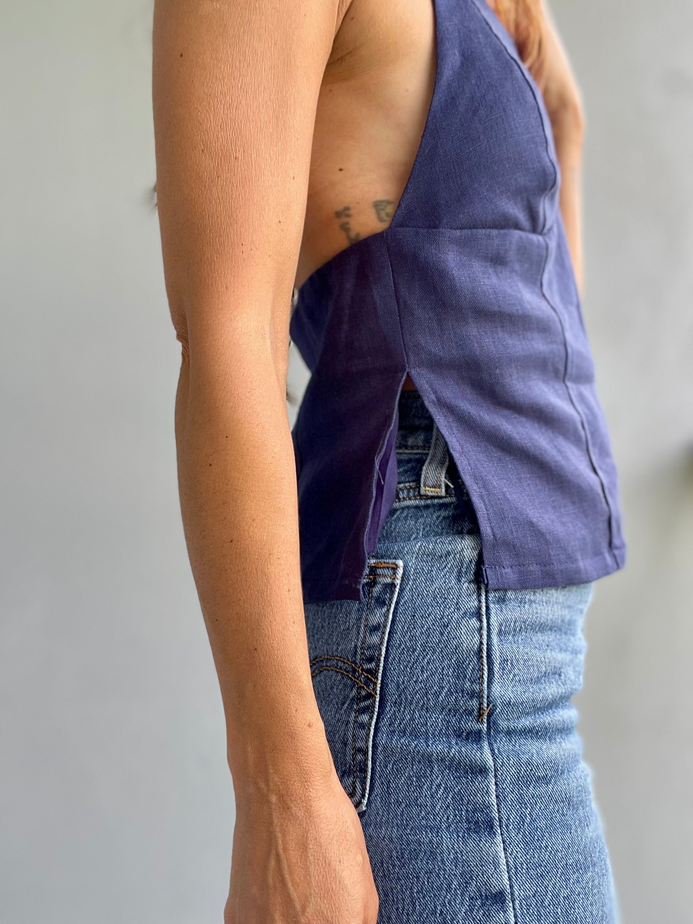 Fairways Linen Halter Top ~ Navy