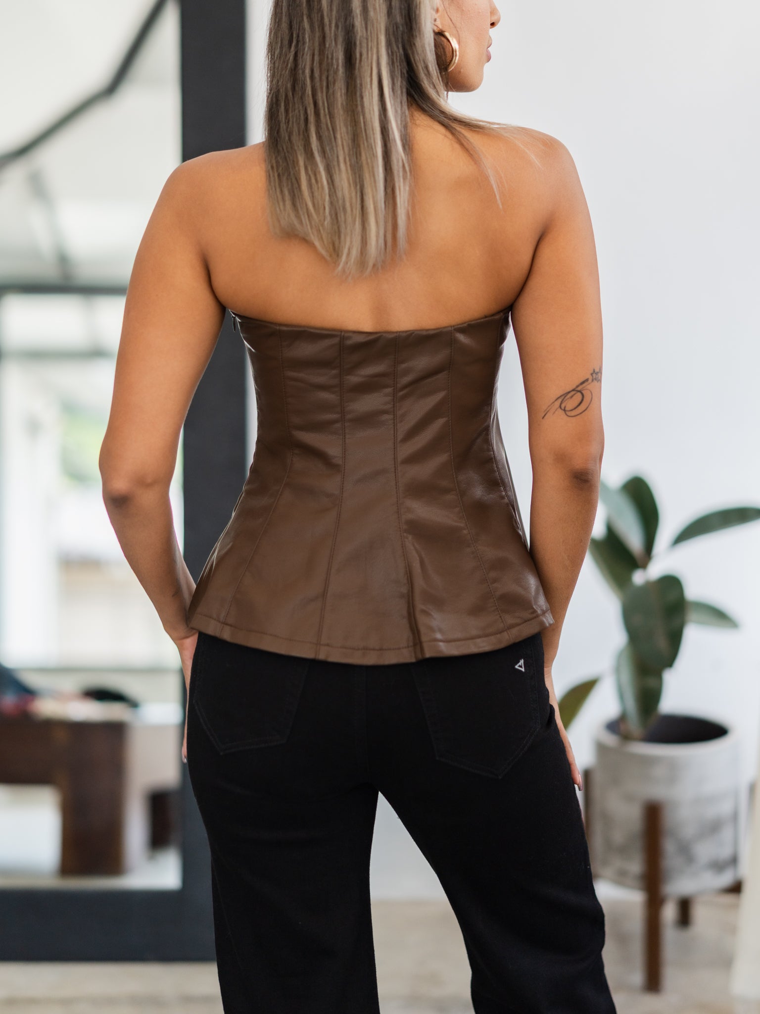Wyatt Brown Leather Strapless Top