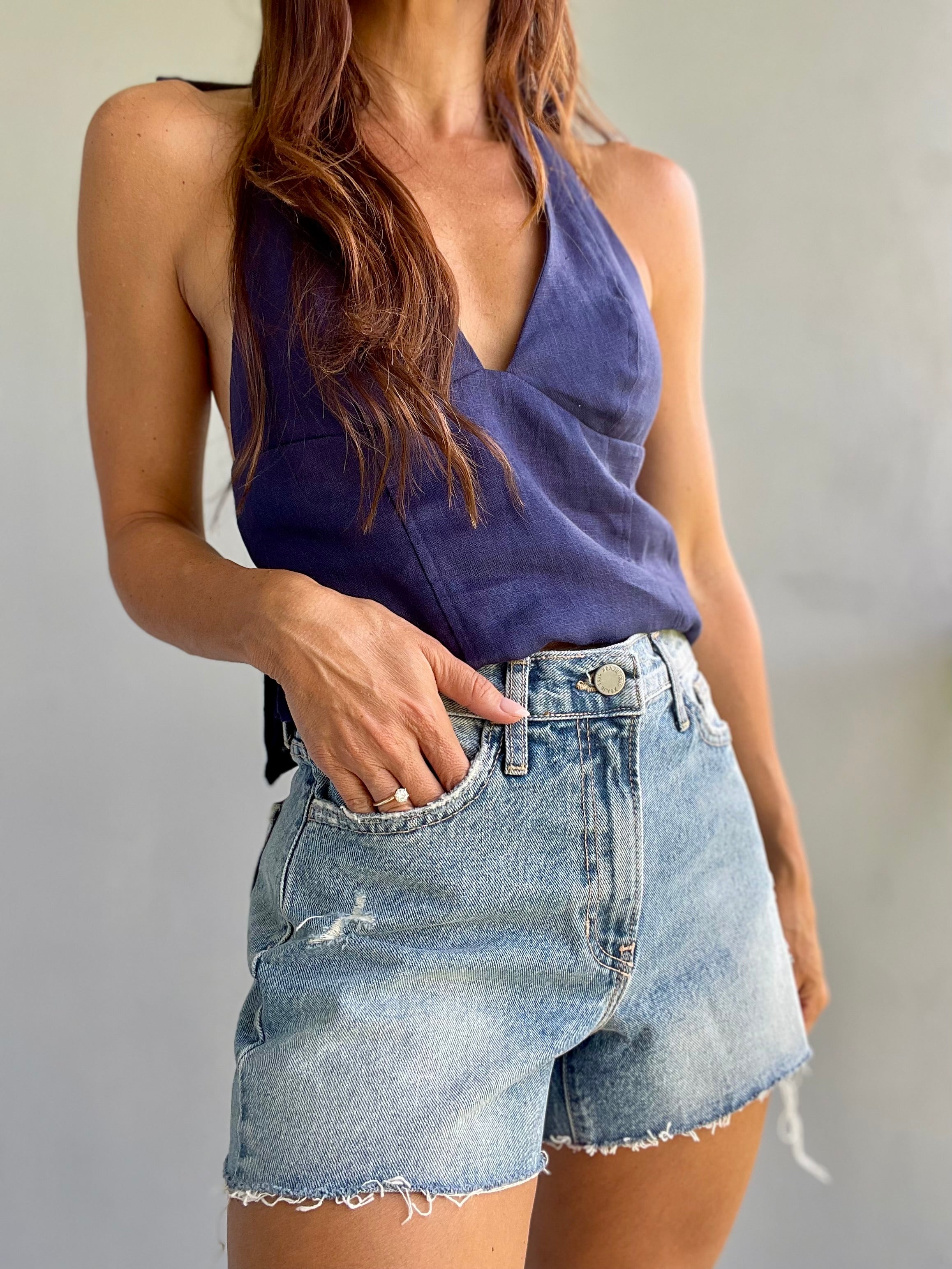 Fairways Linen Halter Top ~ Navy