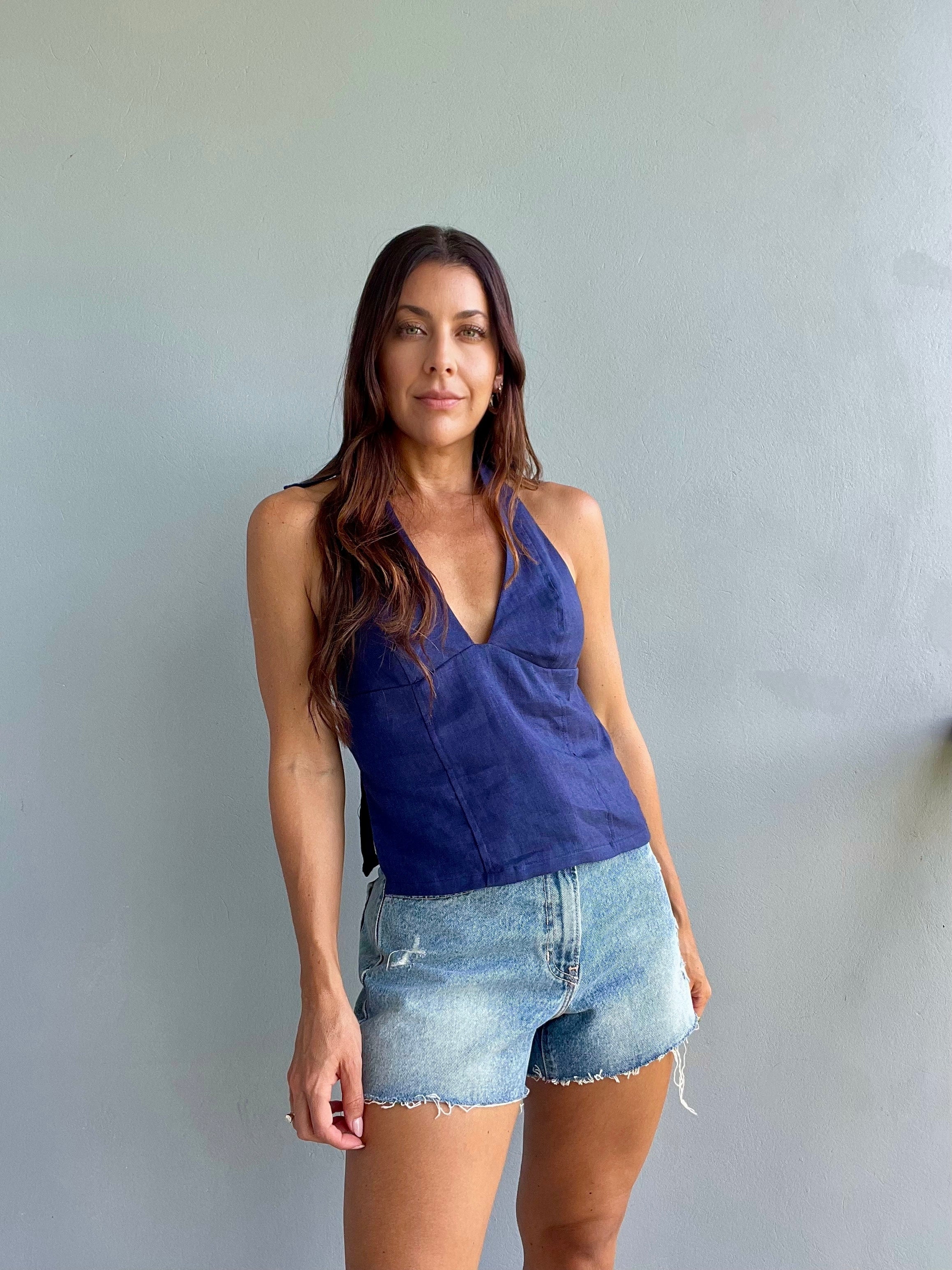 Fairways Linen Halter Top ~ Navy
