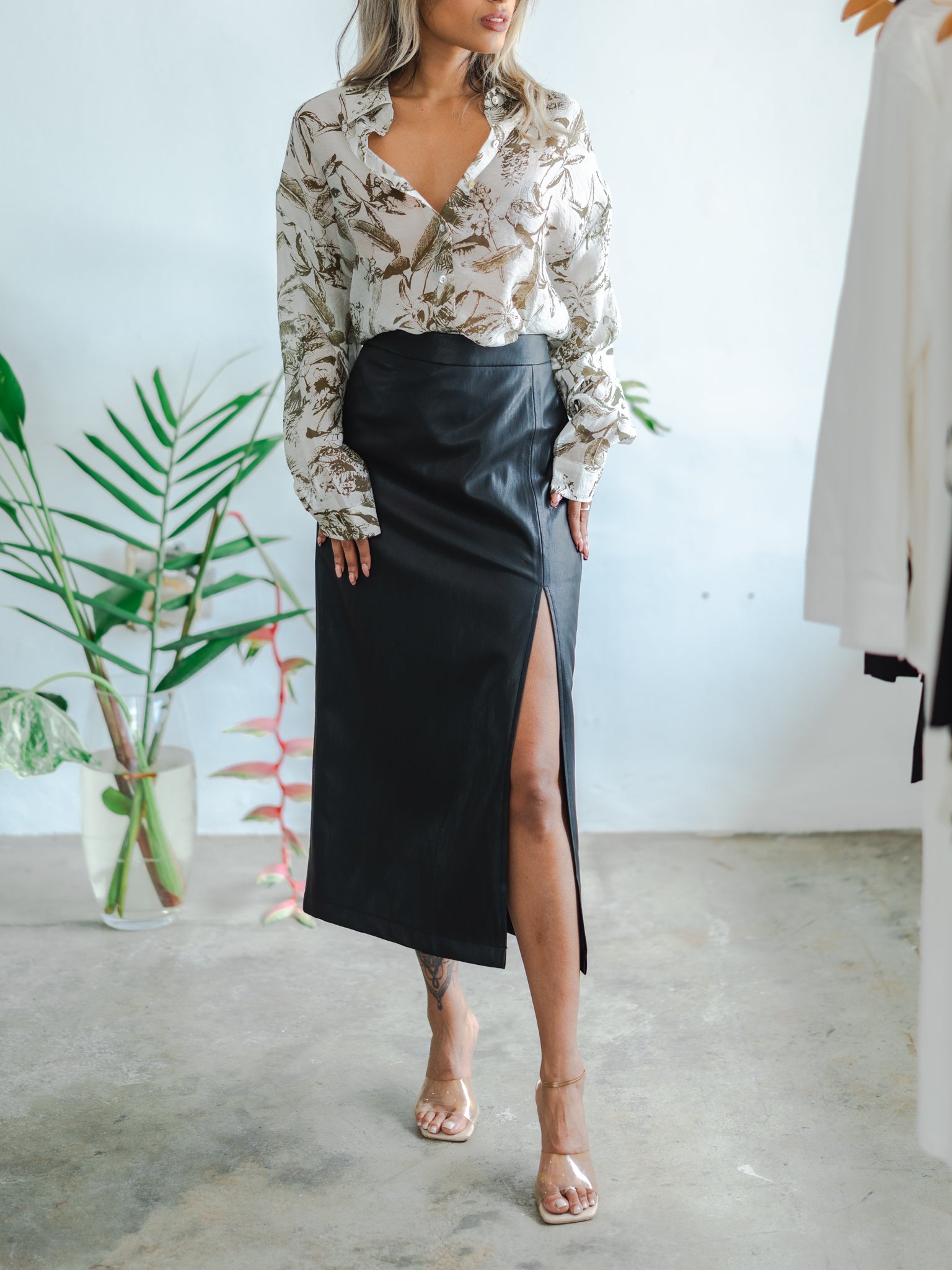 Maddox Black Leather Midi Skirt
