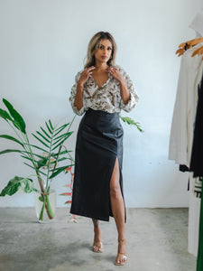 Maddox Black Leather Midi Skirt