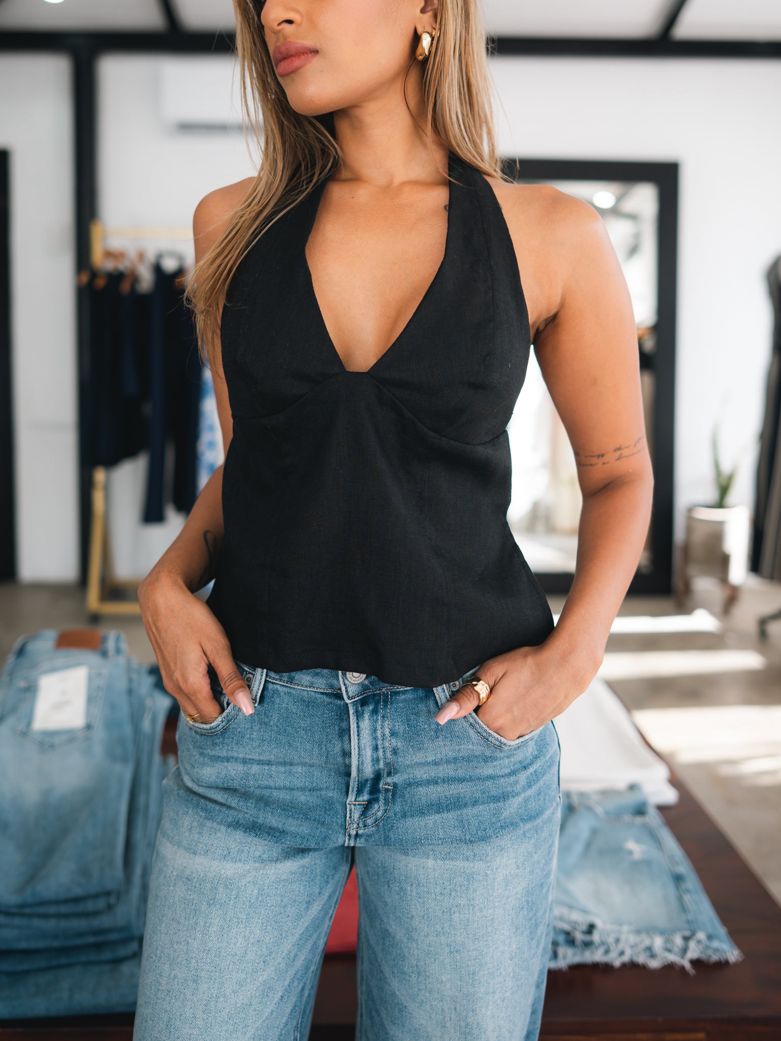 Fairways Linen Halter Top ~ Black
