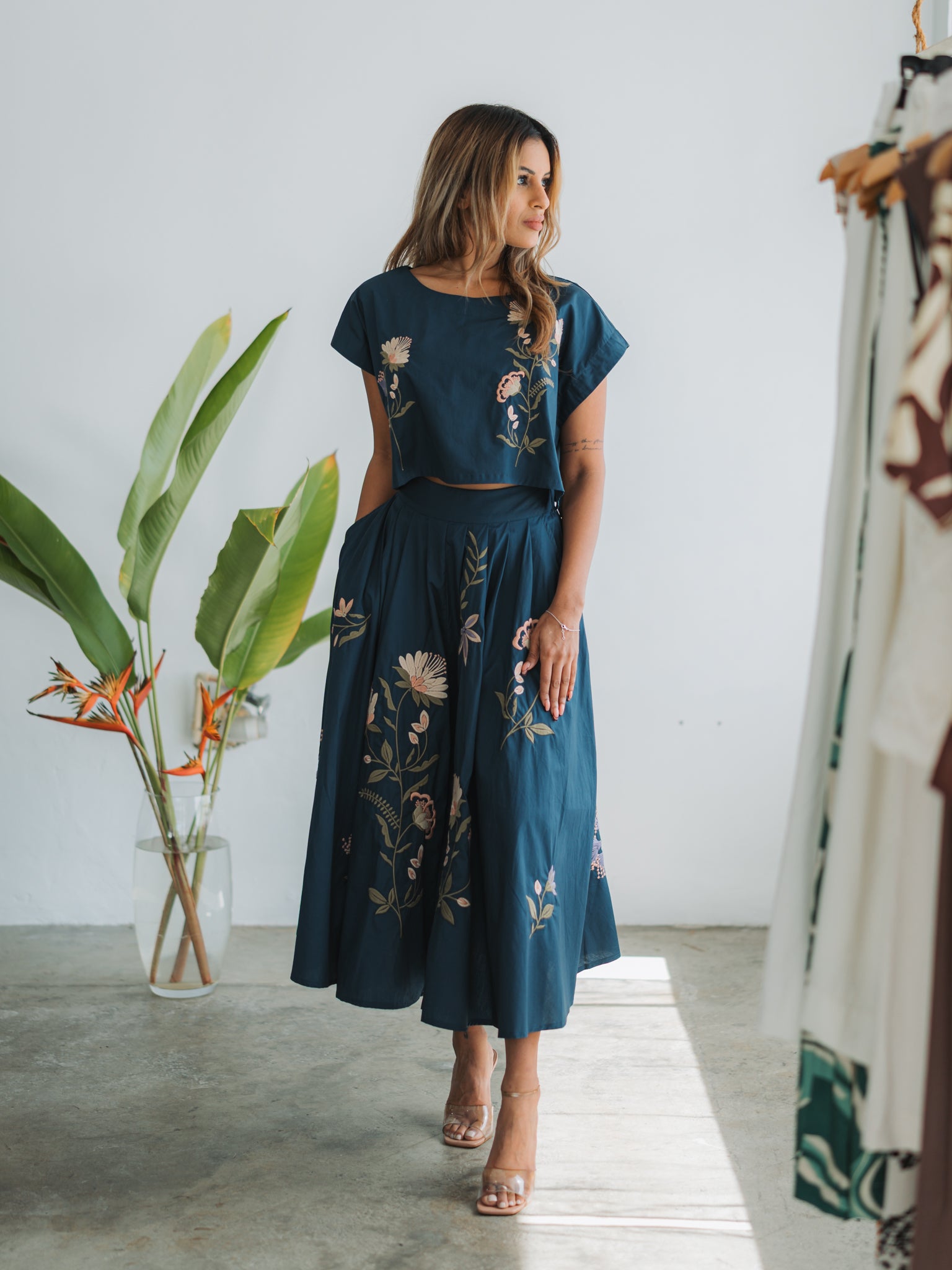 Isabella Embroidered Crop + Midi Set ~ Navy