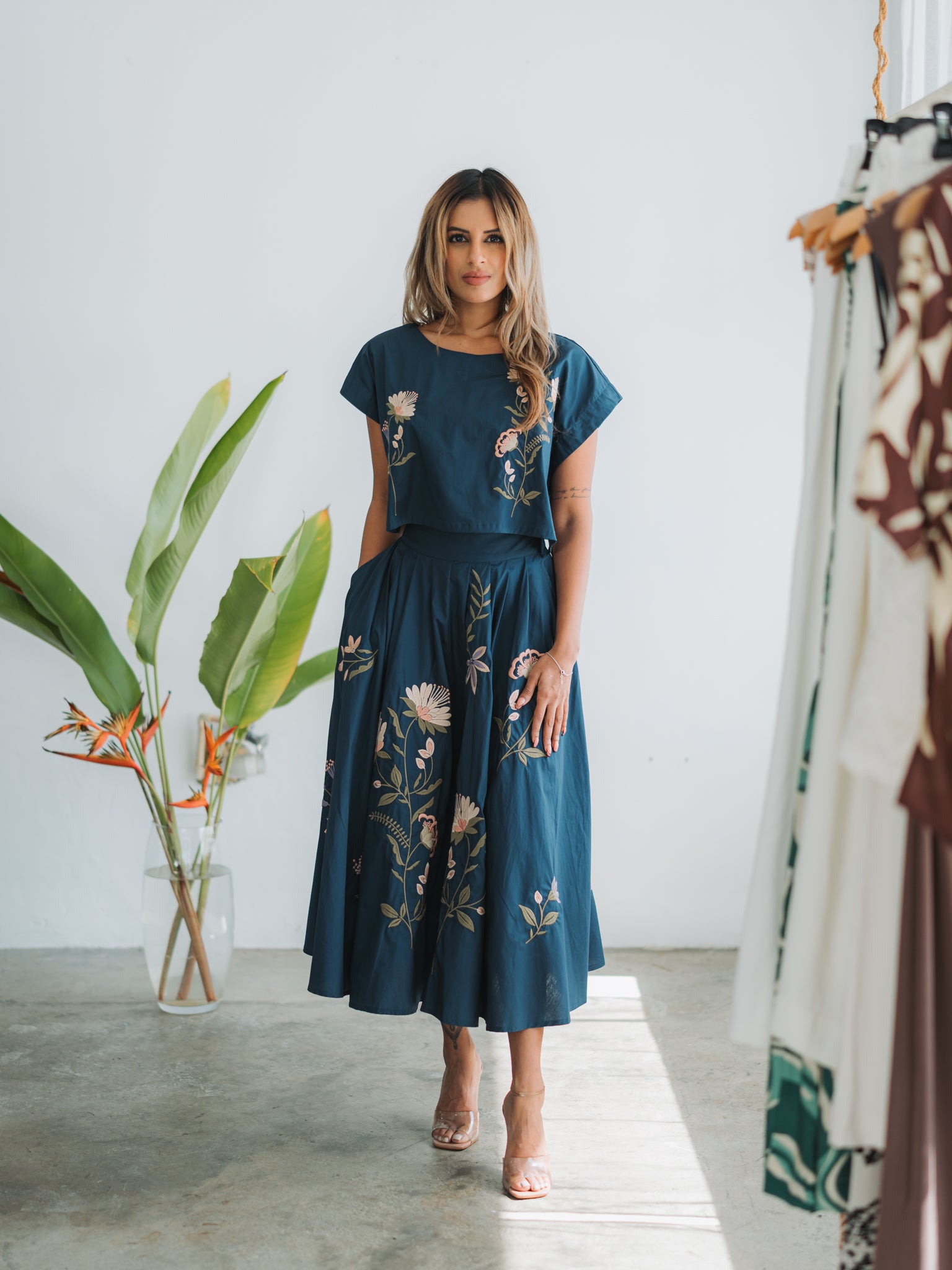 Isabella Embroidered Crop + Midi Set ~ Navy