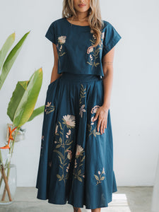 Isabella Embroidered Crop + Midi Set ~ Navy
